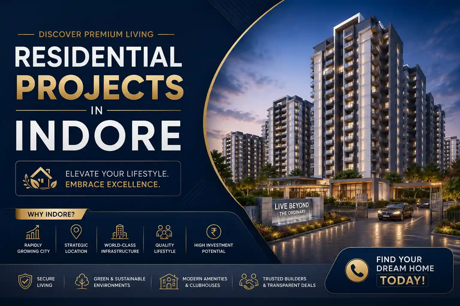 Modern residential skyline of Indore city with high-rise apartments, luxury villas, and green surroundings near Super Corridor and Ujjain Road